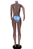 Sky Blue Sexy Print Patchwork Mesh Swimwears Three Pieces