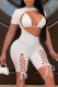 White Fashion Sexy Solid Hollowed Out Strap Design O Neck Short Sleeve Two Pieces