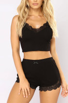 Black Polyester Fashion Sexy adult Patchwork Solid Two Piece Suits HOLLOWED OUT Straight Sleeveless Two Pieces