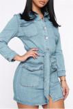 Blue Fashion Casual Solid Basic Turndown Collar Denim Dress