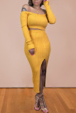 Yellow Elegant Solid Patchwork Bateau Neck Long Sleeve Two Pieces