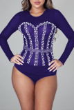 Red Fashion Sexy Patchwork See-through Hot Drill O Neck Skinny Romper