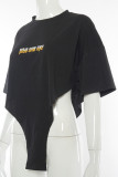 Black Casual Letter Printing O Neck Tops
