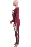 Wine Red Polyester Casual Striped Patchwork Solid pencil Long Sleeve Two Pieces