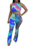 Blue Polyester Fashion Casual Print backless Tie Dye Two Piece Suits Loose Sleeveless Two Pieces