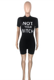Black Fashion Casual Letter Print Basic Turtleneck Skinny Romper