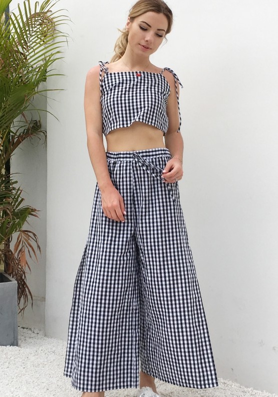 As Show Plaid Stitching Low Waist Two-piece suit
