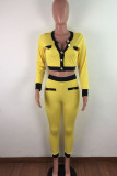 Yellow Street Polyester Geometric Split Joint O Neck Long Sleeve Regular Sleeve Short Two Pieces