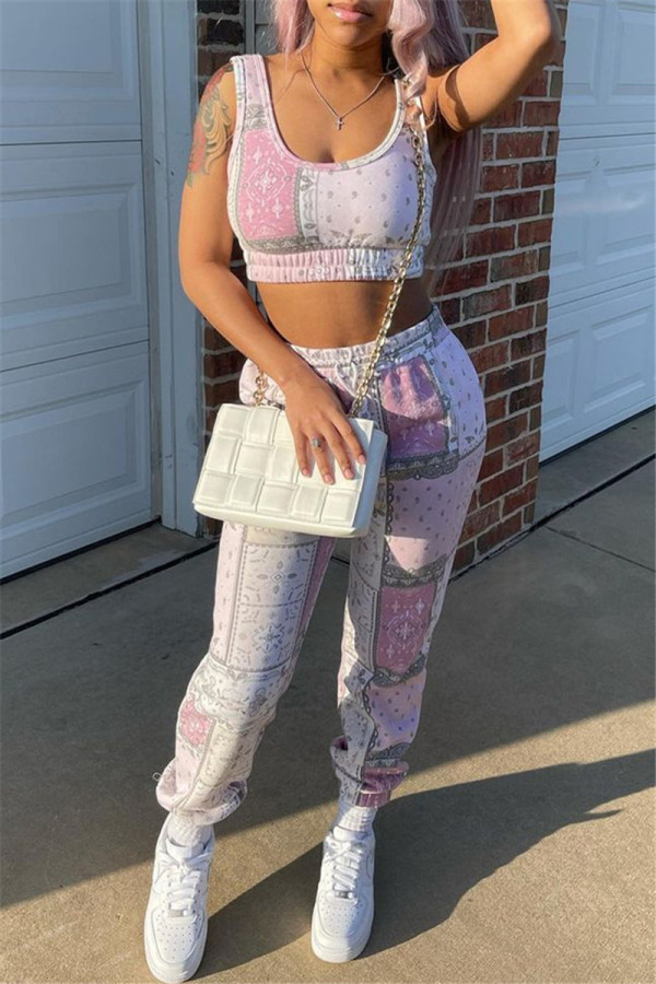 Pink Fashion Casual Print Basic U Neck Sleeveless Two Pieces