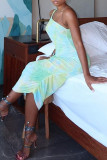 Light Green Fashion Sexy Print Tie Dye Backless Fold Halter Sleeveless Dress