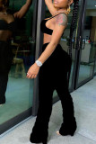 Black Casual Solid Draped asymmetrical Boot Cut Sleeveless Two Pieces