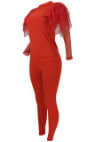 Red Fashion Casual Adult Solid Patchwork See-through O Neck Long Sleeve Hubble-Bubble Sleeve Regular Two Pieces