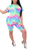 Rainbow color Fashion Casual adult Patchwork Print Two Piece Suits pencil Short Sleeve Two Pieces