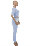 Light Blue Fashion Casual Patchwork Asymmetrical O Neck Short Sleeve Two Pieces