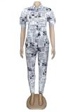 Blue Polyester Fashion Sexy Slim fit Two Piece Suits Geometric Letter asymmetrical Print Skinny Half Slee