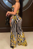 Gold Sexy Casual Print Hollowed Out Backless Spaghetti Strap Sleeveless Two Pieces