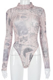 Apricot Fashion Sexy Print Basic Half A Turtleneck Skinny Romper
