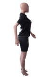 Black White Fashion Casual Print Patchwork O Neck Short Sleeve Two Pieces