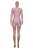 Pink Casual Print Patchwork V Neck Skinny Rompers
