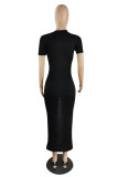 Black Fashion Sexy Solid Ripped Hollowed Out O Neck Short Sleeve Dress