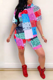 Purple Fashion Casual Print Basic O Neck Short Sleeve Two Pieces