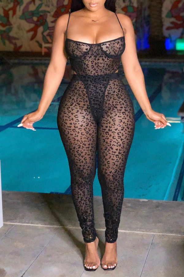Black Fashion Sexy Print See-through Backless Spaghetti Strap Sleeveless Two Pieces