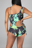 Black Fashion Sexy Print Tie Dye Hollowed Out Backless Swimwears