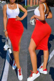 Red Sexy Casual Solid Patchwork Backless Slit U Neck Vest Dress