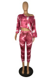 Multicolor Sexy Print Tie-dye O Neck Long Sleeve Two Pieces