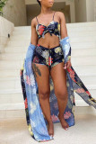 Light Blue Fashion Sexy Print Basic Swimwears Three-piece Set