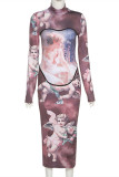 Brown Fashion Sexy Print Basic Half A Turtleneck Long Sleeve Dresses