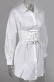 Pink Sexy Solid Patchwork Turndown Collar Waist Skirt Dresses