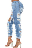 Blue Denim Zipper Fly Button Fly Mid Pocket washing Hole Zippered pencil Pants Pants