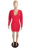Red Fashion adult Casual Cap Sleeve Long Sleeves V Neck Step Skirt Mini Patchwork Solid Beadin