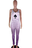 purple Fashion street Print Draped Milk. Sleeveless V Neck Jumpsuits