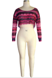 Red Polyester O Neck Long Sleeve Patchwork crop top Mesh Tees & T-shirts