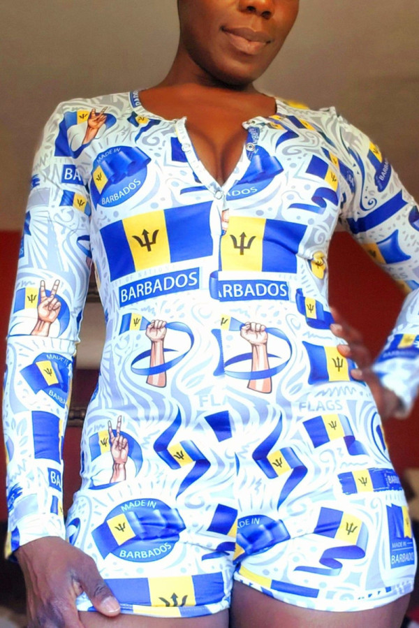 Blue Casual Living Print Basic V Neck Skinny Romper