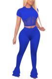 Royal blue Polyester Fashion Sexy adult Ma'am Patchwork Solid Two Piece Suits Straight Short Sleeve Two Pieces