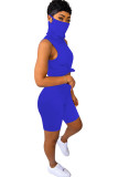 Royal blue knit Fashion Sexy adult Ma'am Patchwork Solid Two Piece Suits Straight Sleeveless Two Pieces