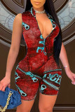 Red Fashion Casual Print Basic Zipper Collar Skinny Romper