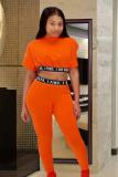 Orange Polyester Fashion adult Casual asymmetrical Patchwork Letter pencil Short Sleeve