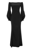 Black Fashion Off The Shoulder Long Sleeves One word collar Mermaid Floor-Length Solid Long Sleeve Dresse