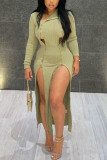Light Green Sexy Casual Polyester Spandex Twilled Satin Pit Article Fabrics Patchwork Solid Split Joint Buckle Basic O Neck Long Sleeve Ankle Length Pencil Skirt Dresses