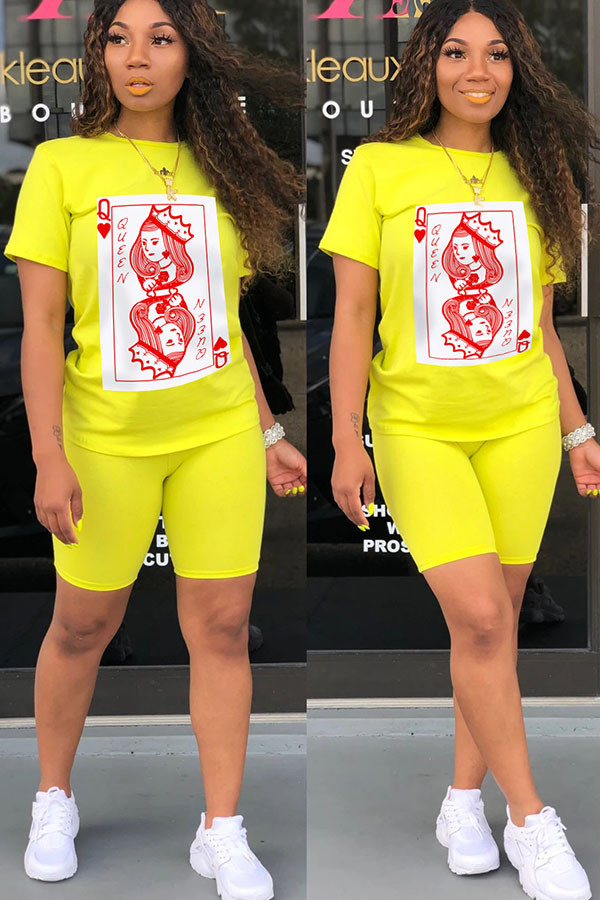 Yellow Cotton Fashion adult Ma'am Street Print Two Piece Suits Straight Short Sleeve Two Pieces