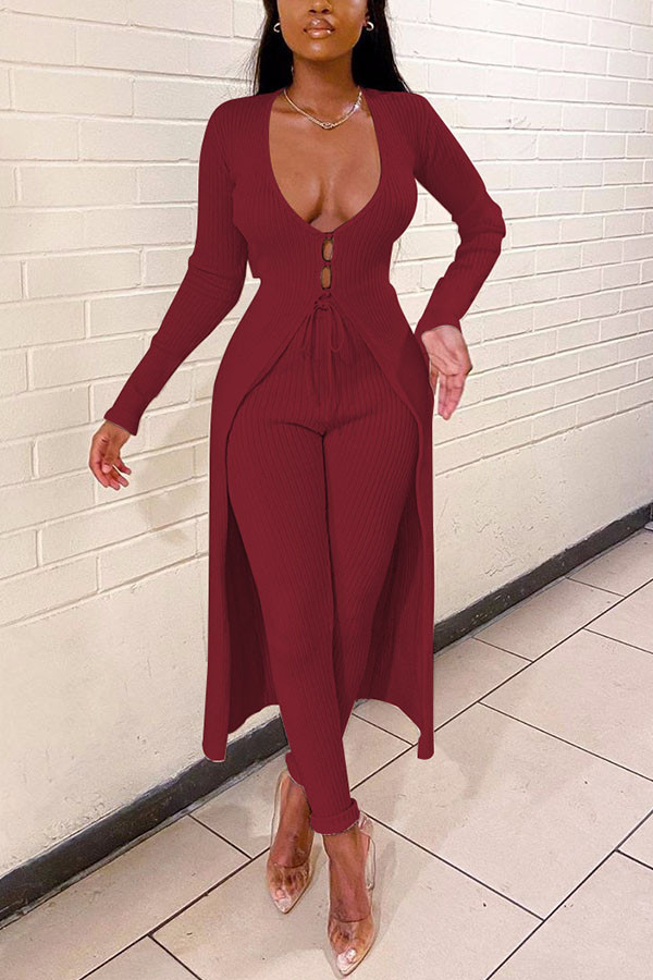 Wine Red Fashion Casual Pit Article Fabrics Patchwork Solid Patchwork Buttons V Neck Long Sleeve Regular Sleeve Regular Two Pieces