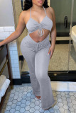 Grey Fashion Sexy Solid Hollowed Out Backless V Neck Regular Jumpsuits