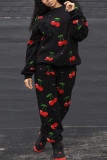 Black Fashion Casual Print Basic O Neck Long Sleeve Two Pieces