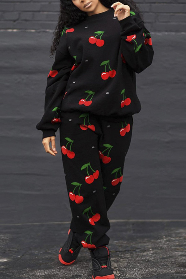 Black Fashion Casual Print Basic O Neck Long Sleeve Two Pieces