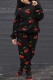Black Fashion Casual Print Basic O Neck Long Sleeve Two Pieces