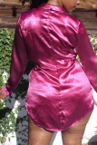 Rose Red Casual Solid Bandage Patchwork Turndown Collar Long Sleeve Two Pieces